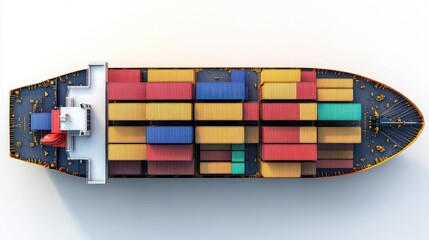 Obraz premium Container ship top-down view, maritime logistics, detailed and accurate, isolated on white background.