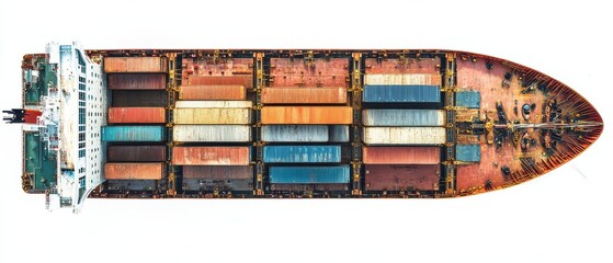 Obraz premium Container ship top-down view, maritime logistics, detailed and accurate, isolated on white background.