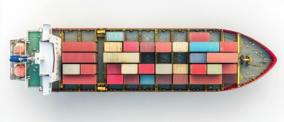 Obraz premium Container ship top-down view, maritime logistics, detailed and accurate, isolated on white background.