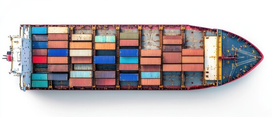 Obraz premium Container ship top-down view, maritime logistics, detailed and accurate, isolated on white background.