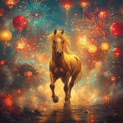 Golden Horse with Fireworks and Lanterns Celebrating Year of Horse