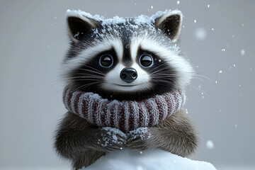 Obraz premium A cute raccoon with a snowy background, wearing a cozy scarf, exuding a cheerful vibe.
