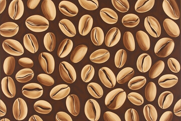 Obraz premium A close-up coffee beans texture wallpaper featuring glossy espresso beans, detailed textures, and natural imperfections with copy space. Soft directional lighting.