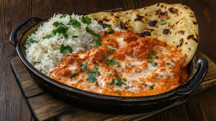 A top-down shot of chicken tikka masala in a bowl, featuring a rich and creamy sauce against a moody dark background for contrast.