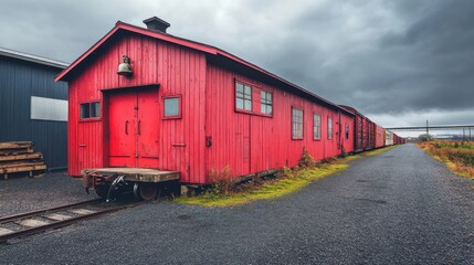 Vibrant Red Train Cars Along Empty Railway Track Under Dramatic Cloudy Sky in Rural Setting
