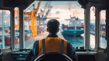 Naklejka premium Dynamic shot of a crane operator inside the cabin, port activities visible through the windows, container and shipping ship in view