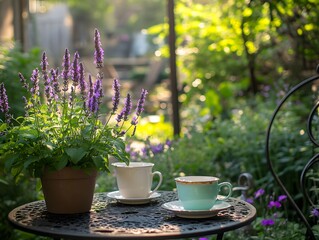 Garden Tea Time: A tranquil setting, capturing a moment of serenity with two tea cups set on a vintage table next to a potted lavender plant.