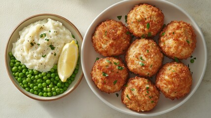 Crispy fish cakes, mashed potato, peas, lemon, kitchen counter, dinner