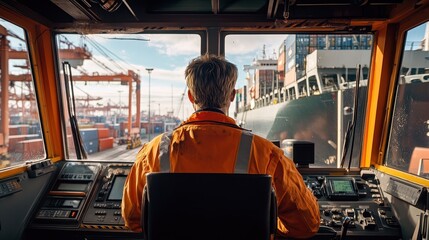 Dynamic shot of a crane operator inside the cabin, port activities visible through the windows, container and shipping ship in view