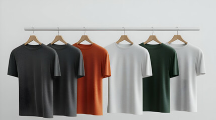 Six Short Sleeve T Shirts Hanging on a Clothes Rack