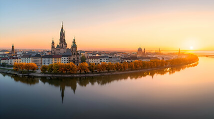 Naklejka premium Island City Sunrise with Golden Autumn Trees