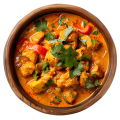 Delicious Chicken Curry in Wooden Bowl Aromatic Spices Fresh Cilantro