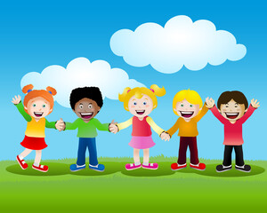 illustration of a multicultural children colorful kids on nature background