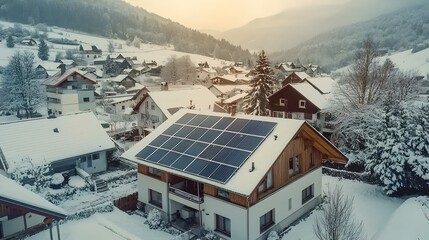 Obraz premium Solar Panels on House Roof in Winter Snow Covered Village