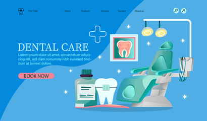 Dental care website showing chair, tools, and tooth on blue background. Flat design style. Concept of dental health and services. Vector illustration