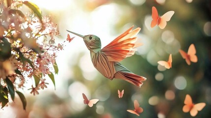 Naklejka premium Origami Hummingbird Surrounded by Butterflies in a Dreamy Nature Scene