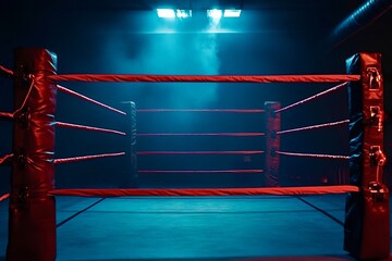 Empty boxing ring awaits fighters under blue lights