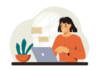 Woman working on laptop with email and message icons, flat graphic style on light background. Concept of remote work. Vector illustration