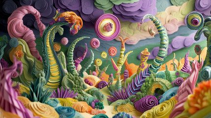 Obraz premium A paper art representation of an alien planet with towering, otherworldly plants and bizarre creatures.