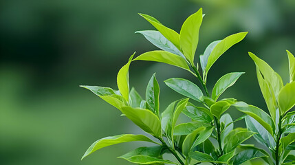 Close Up of Fresh Green Tea Leaves with Dew Drops