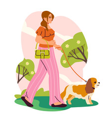 Woman walking dog, cartoon style, pink background, concept of leisure. Vector illustration