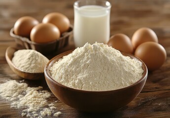 Fresh Ingredients for Baking: Eggs, Flour, Milk Arranged on a Wooden Table in Natural Light for Culinary Inspiration