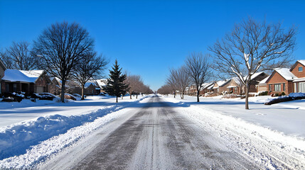 Obraz premium Snowy Residential Street on a Sunny Winter Day