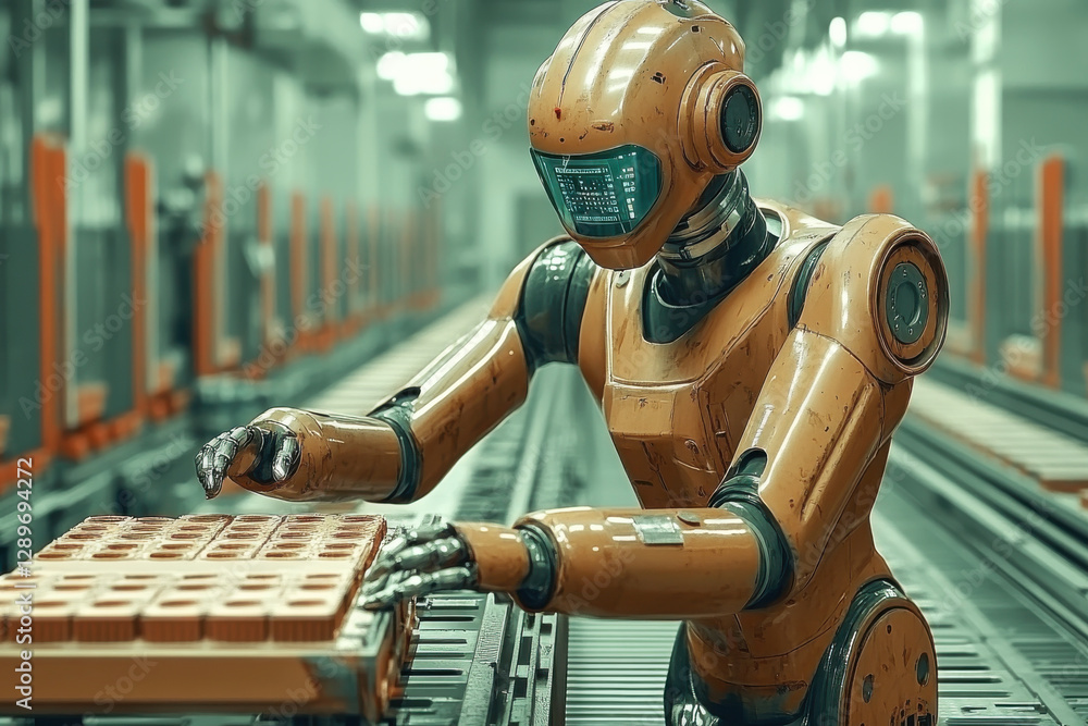 Poster a robot is working in a factory, assembling a product