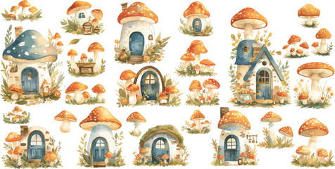 fairy mushroom house  watercolor clipart