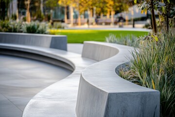 Fototapeta premium Curved concrete benches surrounded by lush greenery in an urban park setting during a sunny afternoon invite relaxation and social interaction