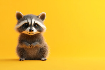 Obraz premium A cute, cartoonish raccoon sits against a bright yellow background, exuding charm and playfulness.