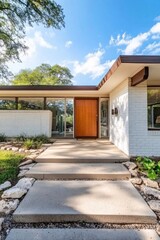 The contemporary design of this home's entrance showcases a beautifully crafted wooden door, complemented by a meticulously landscaped pathway, all set against a backdrop of a vibrant blue sky