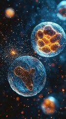 Naklejka premium Two colorful cells are clearly visible, showcasing intricate structures and movement. The backdrop is dark, accentuating the vivid hues and energetic particles surrounding them