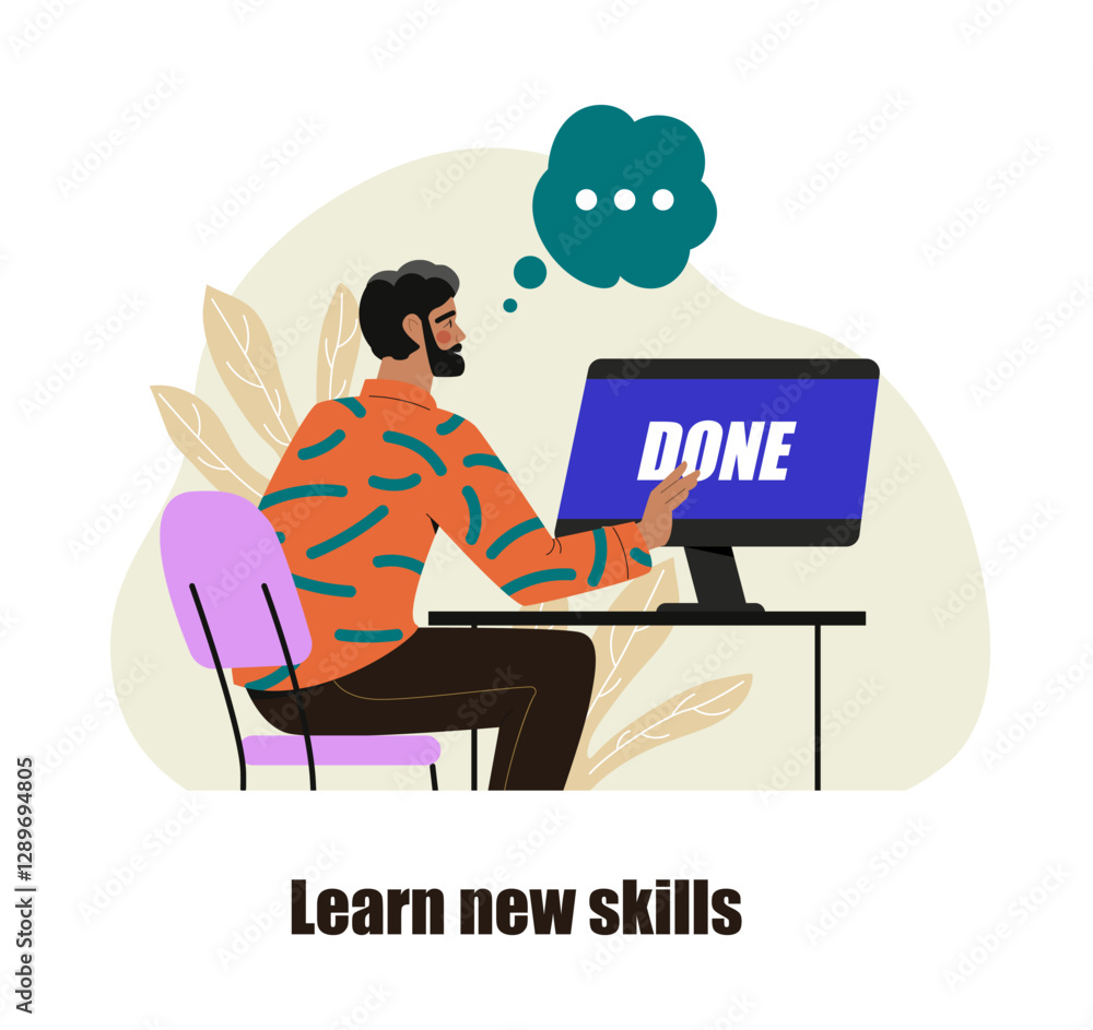 Poster man working on computer with done screen, flat graphic style on light background. concept of online 