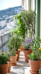 Fototapeta premium Balcony Oasis: A collection of vibrant potted plants and flowers creates a lush green balcony, with a stunning cityscape view in the backdrop.