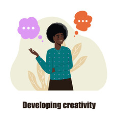 Woman with speech bubbles on a light background. Flat style. Concept of developing creativity. Vector illustration