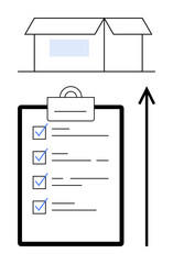 Box and clipboard with checklist and upward arrow symbolize organized shipping productivity, and goal achievement. Ideal for business, workflow, logistics, planning, strategy, efficiency. Upward