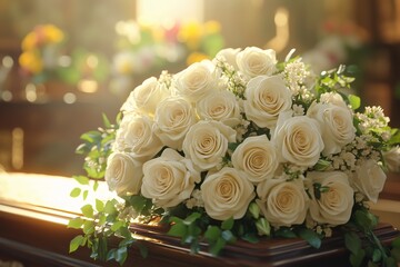 Obraz premium Elegant funeral scene with a wooden casket adorned with white roses and candlelight. A solemn and respectful atmosphere for mourning, remembrance, and memorial services.