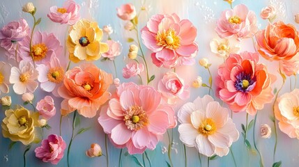 vibrant arrangement of colorful flowers in pastel hues with intricate details and soft lighting for artistic decor