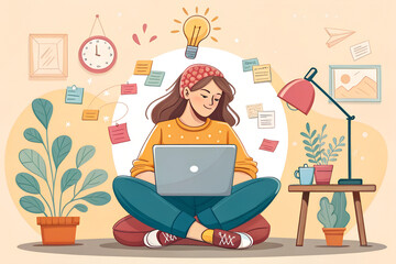 Illustration of a young woman working on a laptop at home