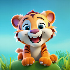 A small, animated tiger cub with big blue eyes and a cheerful smile sits atop a rock surrounded by lush green grass. The sky is clear and bright - Generative AI