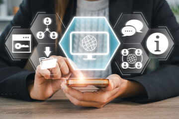 A business professional interacts with a digital intranet interface on a smartphone, symbolizing secure internal communication.