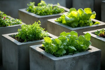 Urban Oasis: A close-up capture of vibrant, verdant plants flourishing in modern square concrete planters, an inviting display.