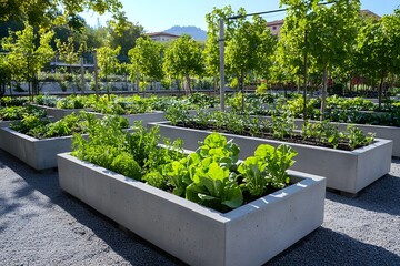 Garden Oasis: A vibrant community garden showcases a variety of lush green plants and vegetables thriving in concrete rectangular planters, embodying the essence of urban gardening and sustainability.