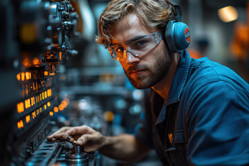 a young worker in production. He is dressed in dark blue overalls, with protective earmuffs and glasses on his head, ensuring safety when working with equipment. 
