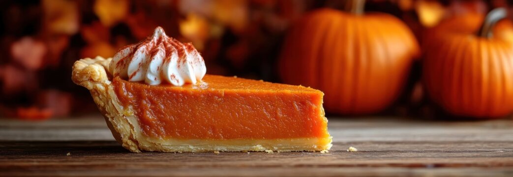 Cozy autumn scene with slice of pumpkin pie and whipped cream on rustic wooden table