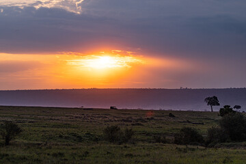 African sunset over savanna with safari vehicle silhouette.