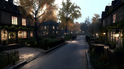Fototapeta premium Charming Autumn Village Street at Dusk
