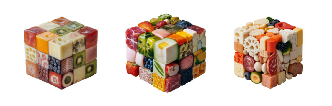 Creative food art displays colorful cubes made of various fruits and vegetables arranged in an artistic manner in a well-lit environment