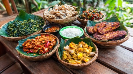 Traditional Indonesian Cuisine Displayed on Natural Leaf Plates